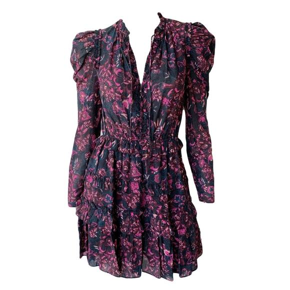 Ulla Johnson Prissa Long Sleeve Ruffle Puff Shoulder Mini Shirt Dress Midnight 4 - Picture 3 of 10